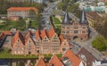 Salt houses and city gat in Lubeck seen from above Royalty Free Stock Photo