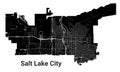 Salt Lake City map, capital of the USA state of Utah. Municipal administrative borders, black and white area map with rivers and