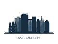 Salt lake city skyline, monochrome silhouette. Royalty Free Stock Photo