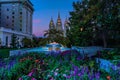 Salt Lake City Temple and fountain at dawn