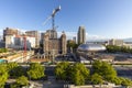 View to Salt Lake Tabernacle Church of Jesus Christ of Latter-day Saints and the old temple under construction with downtown