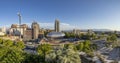 View to Salt Lake Tabernacle Church of Jesus Christ of Latter-day Saints and the old temple under construction with downtown