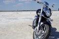 Salt lake, salt, Lake Baskunchak in Russia, motorcycle