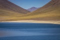 Salt lake, turquoise Laguna Miniques, volcanic landscape at sunrise, Atacama