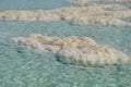 Salt ledges in the turquoise clear water on the beach of the Dead Sea in Israel. Flakes of salt under the water, climate change Royalty Free Stock Photo