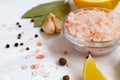 Salt and lemon.close-up Pink Himalayan salt on the glass bowl Royalty Free Stock Photo