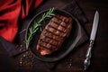 beef grill red raw meat food fried slice dark steak background. Generative AI. Royalty Free Stock Photo