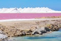 Salt mountains with pink salt lake on Bonaire Royalty Free Stock Photo