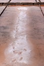 Salt pans close up with footprints in Portugal Royalty Free Stock Photo