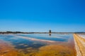 The salt pans of Trapani in the beautiful Italian region of Sicily in the summer, landscape with a tower