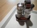 Salt  and pepper accessory on a table Royalty Free Stock Photo