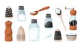 Salt and pepper bottles. Hand drawn tableware for spicy seasoning. Salty crystal powder and black peas sketch. Spoons