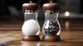 Salt and pepper grinders on the table, studio shot