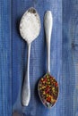 Salt and pepper on metal spoons