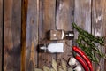 Salt and pepper shaker with bay leaf and red chili pepper, white garlic on background of wood, top view of the workspace Royalty Free Stock Photo