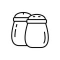 Salt and pepper shakers. Linear icon of pair of spice jar, kitchen utensils for table setting. Black illustration of container for