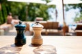 Salt and pepper shakers on a wooden table in a summer cafe Royalty Free Stock Photo