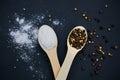 Salt and pepper on wooden spoons Royalty Free Stock Photo