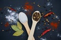 Salt and pepper on wooden spoons. With deco Royalty Free Stock Photo