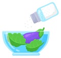 Salt pouring on vegetables in glass bowl. Cooking color icon