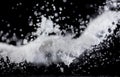 Salt powder pour fall in bowl, white Salt crystal cook abstract cloud fly. Ground salt splash in air, food object element design.