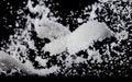 Salt powder pour fall in bowl, white Salt crystal cook abstract cloud fly. Ground salt splash in air, food object element design.