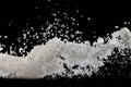 Salt powder pour fall in bowl, white Salt crystal cook abstract cloud fly. Ground salt splash in air, food object element design.