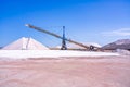 Salt production, pink lagoon and hills in the Mediterranean sea is located in Aigues-Mortes . Camargue, France Royalty Free Stock Photo