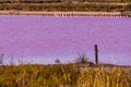 Salt production, pink lagoon and hills in the Mediterranean sea is located in Aigues-Mortes . Camargue, France. Hight Royalty Free Stock Photo