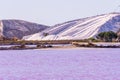 Salt production, pink lagoon and hills in the Mediterranean sea is located in Aigues-Mortes . Camargue, France. Hight Royalty Free Stock Photo