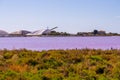 Salt production, pink lagoon and hills in the Mediterranean sea is located in Aigues-Mortes . Camargue, France. Hight Royalty Free Stock Photo