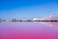 Salt production, pink lagoon and hills in the Mediterranean sea is located in Aigues-Mortes . Camargue, France Royalty Free Stock Photo