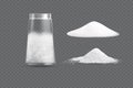 Salt realistic set isolated icons of heaps of edible salt of different crack with salt shakers vector illustration.