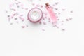 Salt and rose cosmetics mock up on white background top view