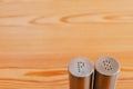 Salt shaker and pepper shaker on a wooden table, copyspace Royalty Free Stock Photo