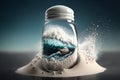 Salt shaker with sea salt. Sea wave inside of glass saltshaker. Generative AI