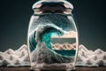 Salt shaker with sea salt. Sea wave inside of glass saltshaker. Generative AI