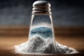 Salt shaker with sea salt. Sea wave inside of glass saltshaker. Generative AI