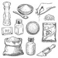 Salt sketch. Hand drawn spoon, bowl and bag with sea salting crystals for bath or cook. Salt shaker and arm with spice Royalty Free Stock Photo