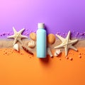 Salt and starfish on the beach. Sunblock bottle starfish and seashells. flat lay, copy space.