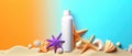 Salt and starfish on the beach. Sunblock bottle starfish and seashells. flat lay, copy space.