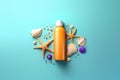 Salt and starfish on the beach. Sunblock bottle starfish and seashells. flat lay, copy space.