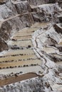 The salt terraces of Maras Cusco the snowcapped Salkantay Andes mountain peak in the background, Sacred Valley of the Inca, Royalty Free Stock Photo