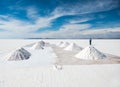 Salt worker in scenery of Salar de Uyuni in Bolivia