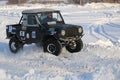 SALTAC-KOREM, RUSSIA-FEBRUARY 11, 2018: Winter auto show jeeps - Ice kneading 2018.driving modified jeep off-road - monster truck