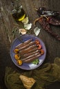 Salted anchovies in a plate with olive oil