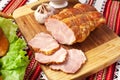 Salted boiled pork on the cutting board.