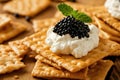 Salted crackers with black caviar close up view