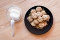 Salted crispy integral crackers with sunflower and pumpkin seeds with Creme Fraiche Royalty Free Stock Photo