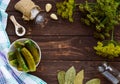 Salted cucumbers. Spices and herbs for making pickles. Royalty Free Stock Photo